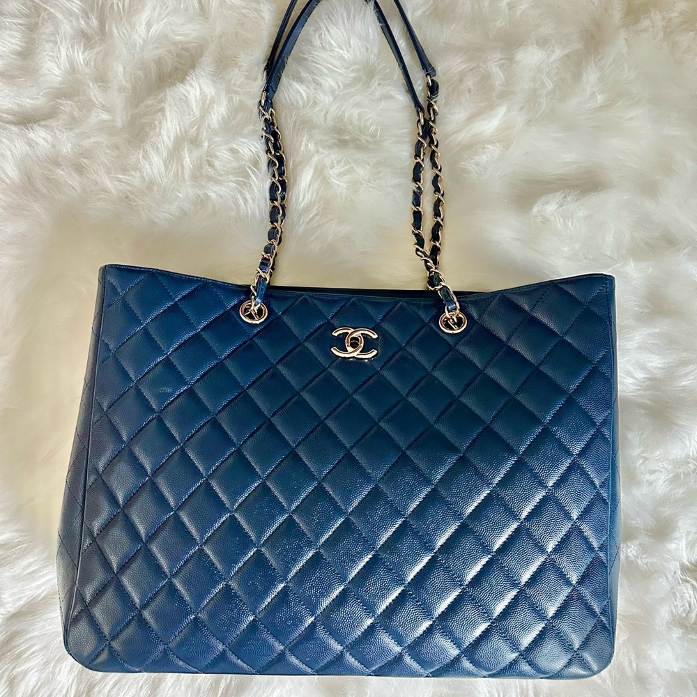 CHANEL Navy Quilted Tote with Chain Straps